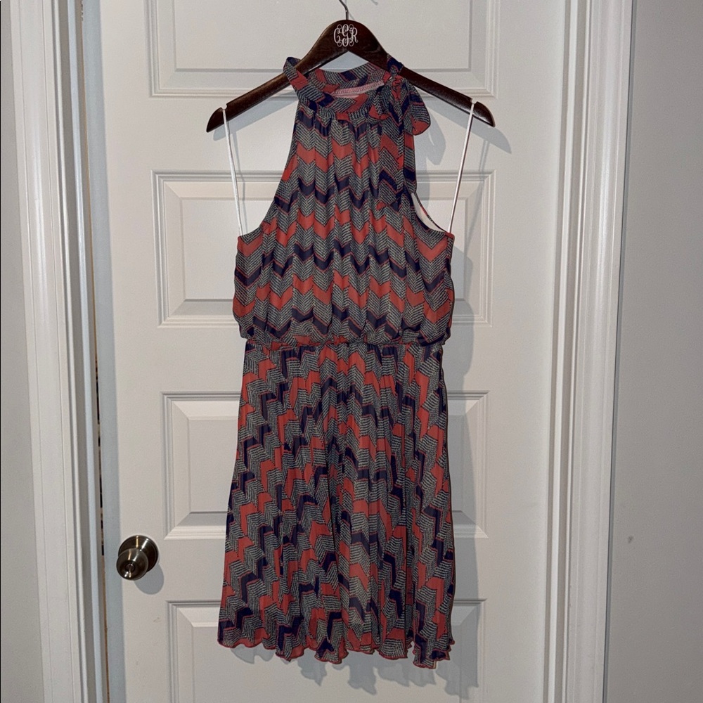 Chevron Print pink and purple A line Dress w Bow Tie High Neckline sleeveless